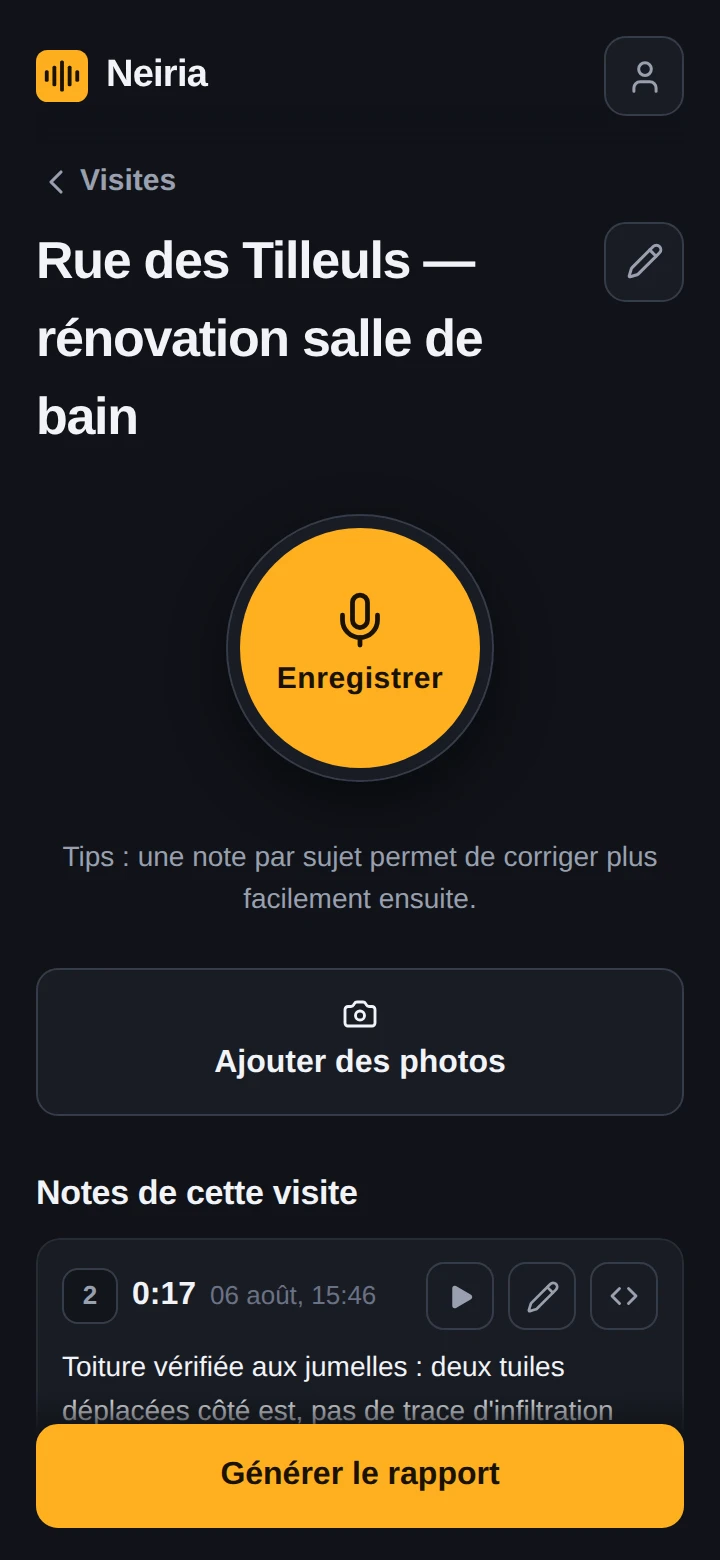 Liste des notes d'une visite avec le bouton Générer le rapport.