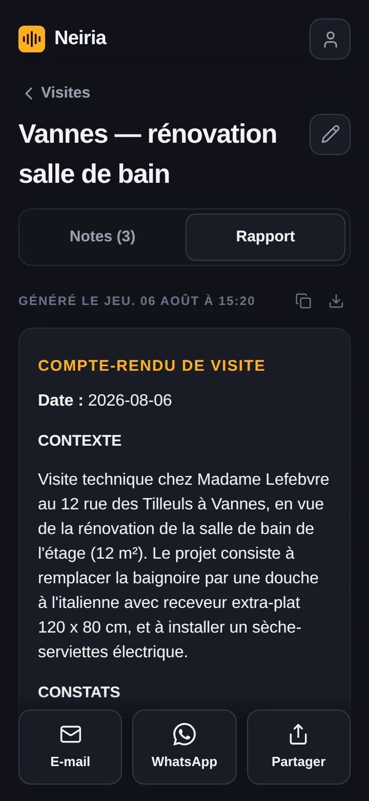 Compte-rendu généré par Neiria : contexte, constats, points d'attention, actions à suivre.